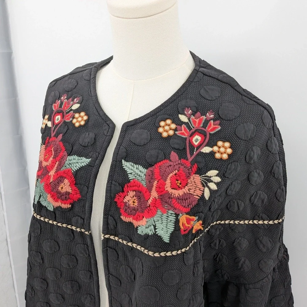 Boho THML‎ Embroidered Floral Dot Open Tunic Jacket Size M Peasant Textured - Picture 5 of 11